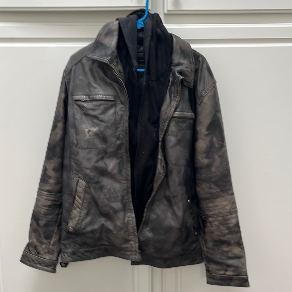 Leather jacket with hood. Used but lots of life left.